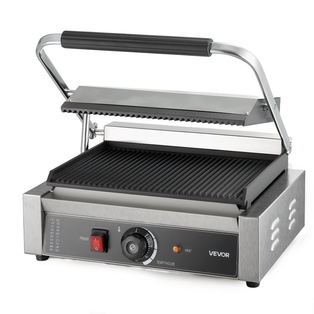 Commercial Panini Grill, Contact Grill 2200 W, for Sandwiches, Steak, Bacon, Hamburgers, Sandwich Maker, Stainless Steel Press Grill with Handle & Temperature Controller & 34 x 23 cm Heating Plate, Panini Press