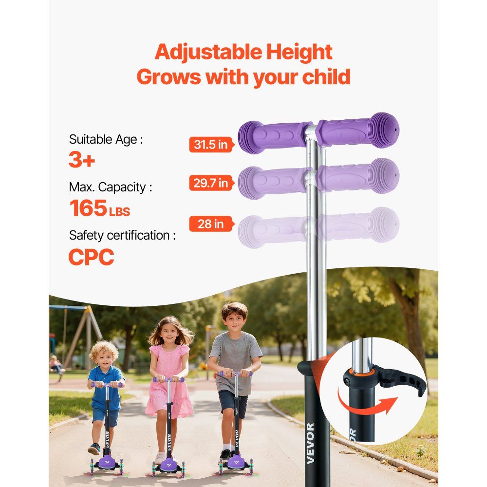 Trottinette (3 roues) à partir de 3 ans, trottinette de ville trottinette enfant avec roues lumineuses & guidon réglable en hauteur & plateau antidérapant & cadre aluminium léger, trottinette jusqu'à 75 kg, violet