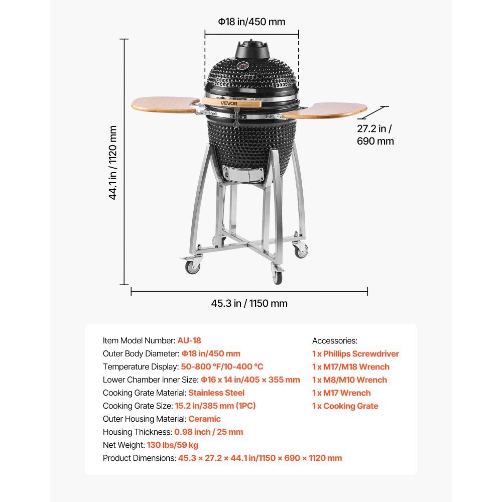 Kamado-Grill, Keramikgrill, Smoker Ø 450 mm, mit Holzgriffen, Seitenablagen, Metallständer mit Rädern & Thermometer bis 400°C, oberer & unterer Luftstrom, zum BBQ, Grillen, Kochen & Backen im Freien