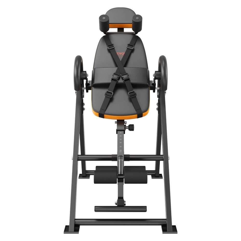 Inversion table, inversion bench, 136 kg load capacity, multifunctional back trainer, foldable strength training device with headrest, ankle lock, adjustable protective belt, orange/black