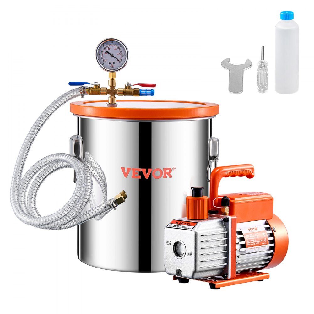 Vacuümkamer van 18,93 liter en pomp van 3,5 CFM, roestvrijstalen kamer, eentraps vacuümpomp-ontgassingkamerset, met acryldeksel, olie, 1,5 m slang, vacuümpompset voor het ontgassen van hars Siliconen epoxyharsen