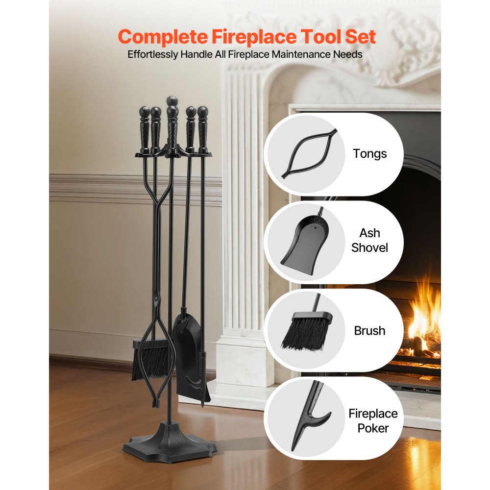 Couverts de cheminée, 5 pièces. Ensemble de couverts de four, support à cinq branches, pinces, pelle à cendres, brosse, tisonnier, accessoires de cheminée en fer forgé pour feu de camp intérieur/extérieur, noir Couverts de cheminée, 5 pièces. Ensemble de couverts de four, support à cinq branches, pinces, pelle à cendres, brosse, tisonnier, accessoires de cheminée en fer forgé pour feu de camp intérieur/extérieur, noir