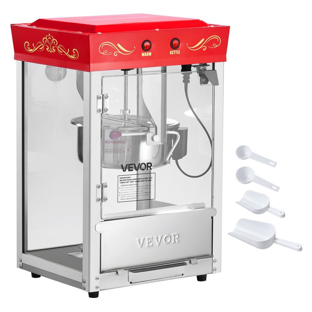 Popcorn Machine with Stainless Steel Boiler, 800W Commercial Popcorn Machine, 48 Cups per Load, Cinema Style, with 2 Button Control, Glass Wall, PC Door, 1 Scoop, 3 Spoons, Red