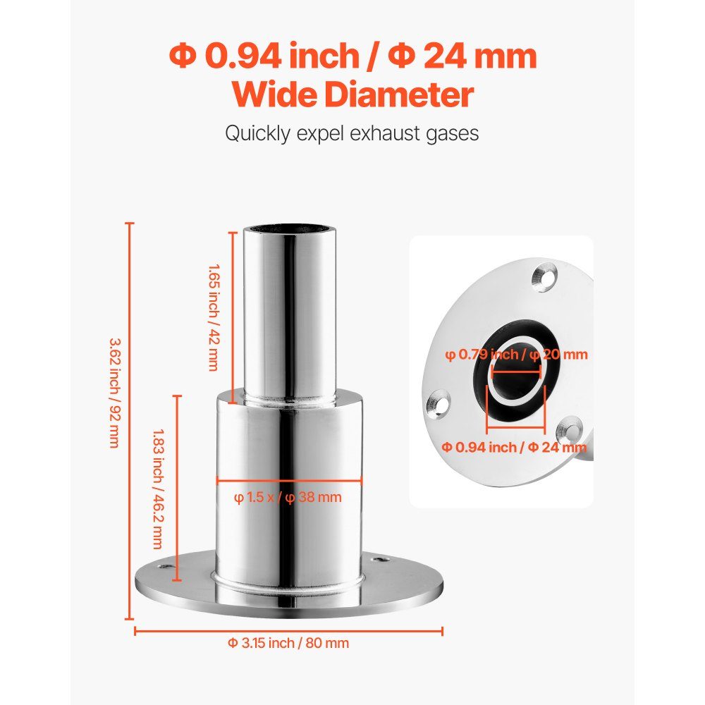 Réglage de la peau d'échappement à travers la coque (24 mm), kit d'échappement droit pour tuyaux d'échappement marins avec vis, écrous et joint pour chauffages diesel et chauffages d'appoint, acier inoxydable 316, couleur argent