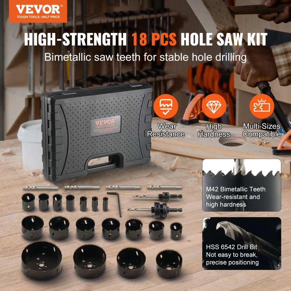 Bimetal hole saw set, 18 pieces. Perforated sheets, 6 hole drills cutting depth 38 mm, bimetal hole saw set, drill accessories, professional hole saws for drilling wood, iron, plastic and PVC etc