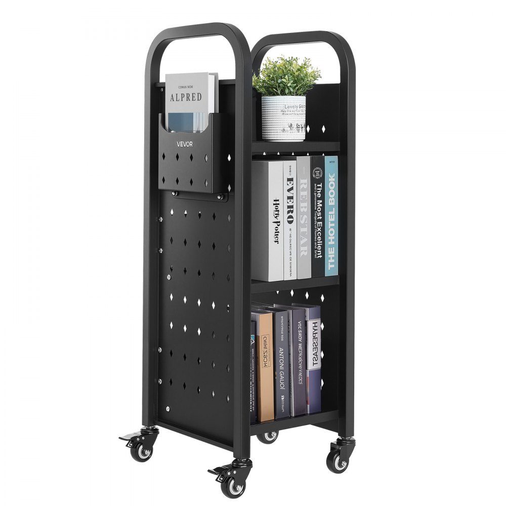 Boekenwagen 100 kg Draagvermogen Bibliotheekwagen 32 x 35 x 93,5 cm Enkelzijdige L-vormige boekenplank met dubbele remwielen Boekenplankwagen voor Woonkamer Kantoor School Zwart