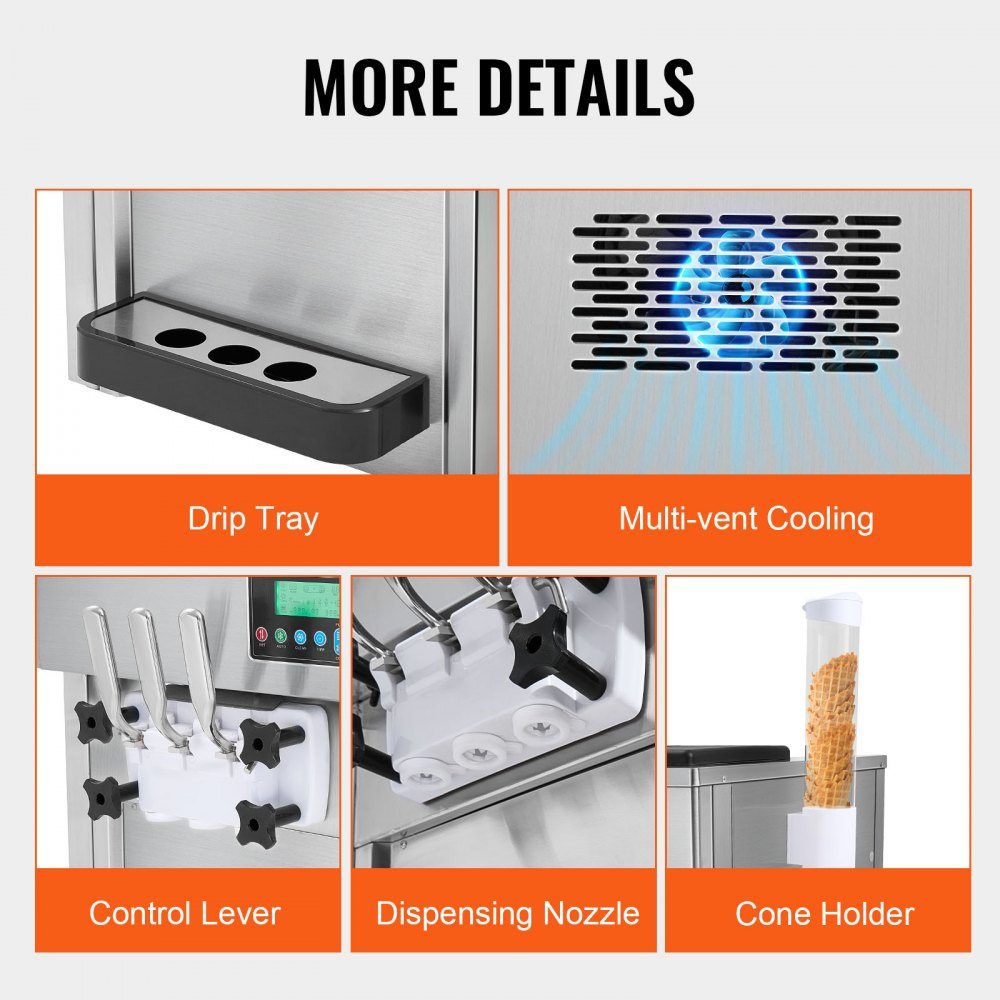 Commercial Ice Cream Maker, 1800W, 3 Flavors, Countertop Soft Ice Cream Machine, 2 x 4L Hopper, 2 x 1.8L Cylinder, LCD Screen, Auto Cleaning, Pre-Cooling