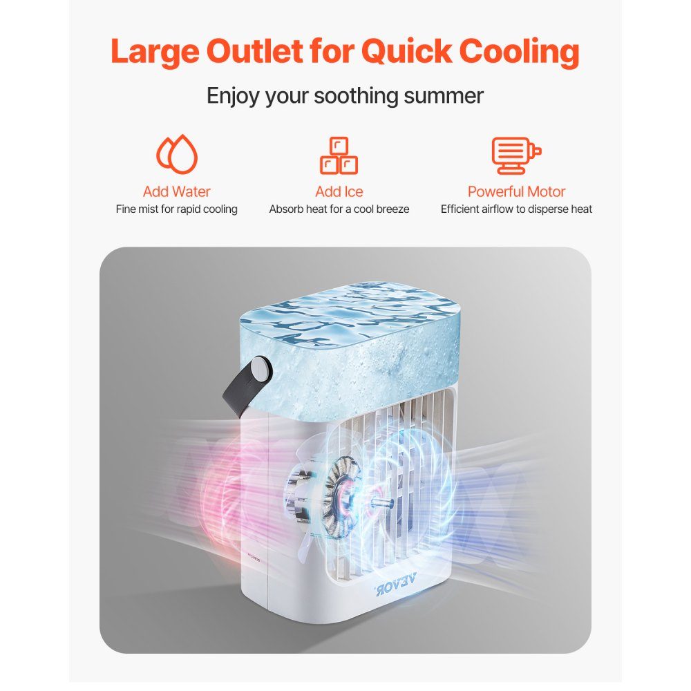 Climatiseur mobile, refroidisseur d'air 4 en 1, mini refroidisseur d'air à 3 vitesses avec minuterie intelligente de 0 à 7 heures, réservoir d'eau de 700 ml, lumière 7 couleurs, mini ventilateur AC personnel pour bureau de chambre à coucher