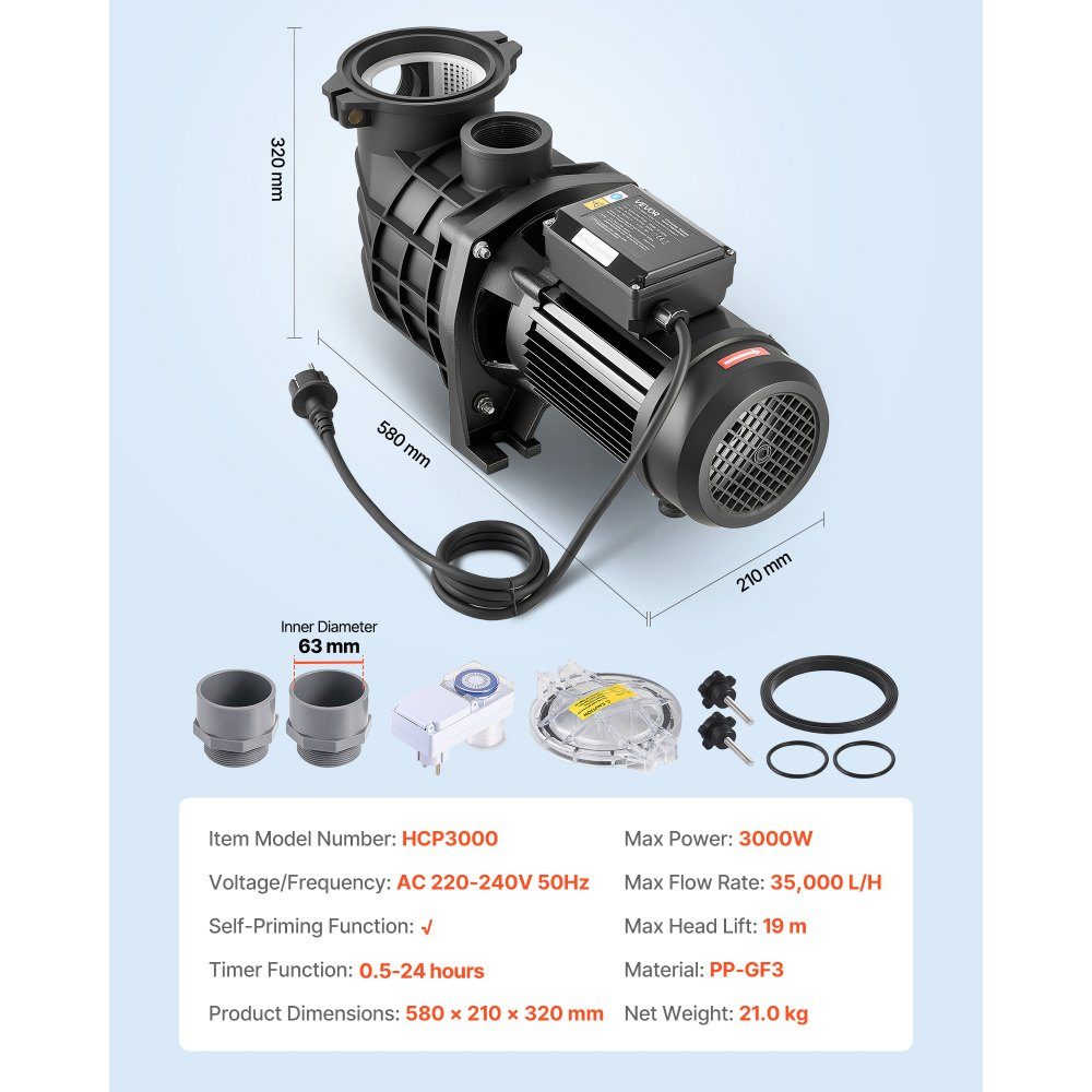Zwembadpomp 3 kW, filterpomp 35.000 L/H max. debiet, eentraps zwembadpomp 2860 tpm, 19 m max. hoofd, met 24-Stunden-Timer en filtermand, voor bovengrondse en ingebouwde zwembaden en spa's