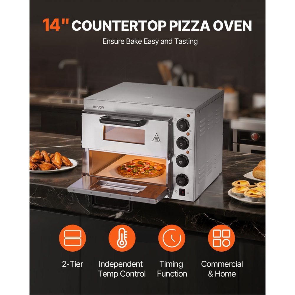 Commercial Countertop Pizza Oven, 14 Inch Double Decker Layer Stainless Steel Electric Pizza Oven with Stone and Handle, Multipurpose Indoor Pizza Machine for Baking Pretzels in Restaurant at Home