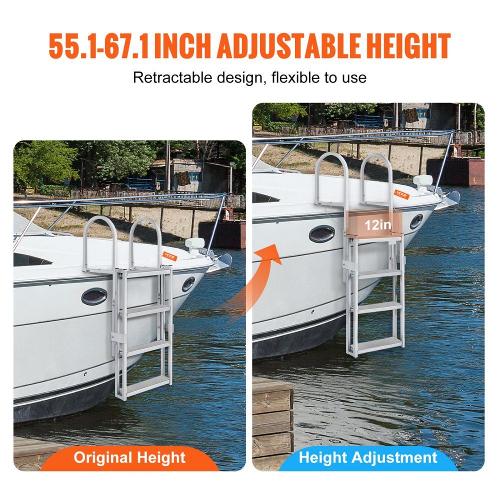 Dockleiter, 4 einziehbare Stufen, 159 kg Tragkraft, Ponton-Bootsleiter aus Aluminiumlegierung mit 1400–1705 mm verstellbarer Höhe, 10 cm breite Stufe zum Einsteigen in Schiffe/Seen/Schwimmbäder