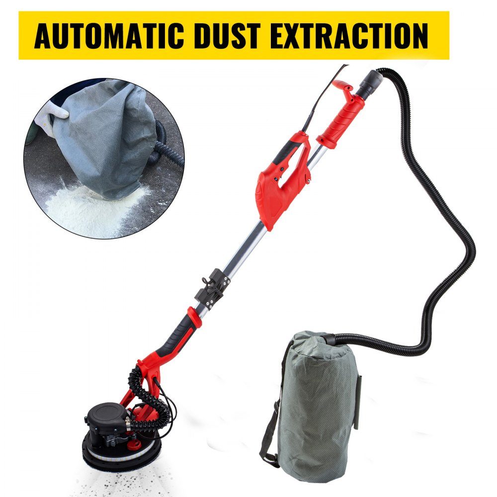 Roterende muurschuurmachine 750W, opvouwbare gipsplaatschuurmachine met telescoopsteel, variabel toerental 800-1750 tpm, muurschuurmachine met LED-lichtbalk en stofzak