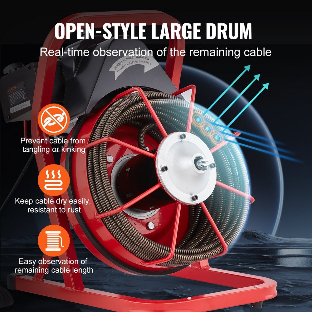 Pipe Cleaning Machine 50 FT x 1/2 Inch, Manual Feed Duct Spiral, 250W Electric Pipe Cleaning Machine with 4 Cutters and Air Activated Foot Switch for 2" to 4" Pipes