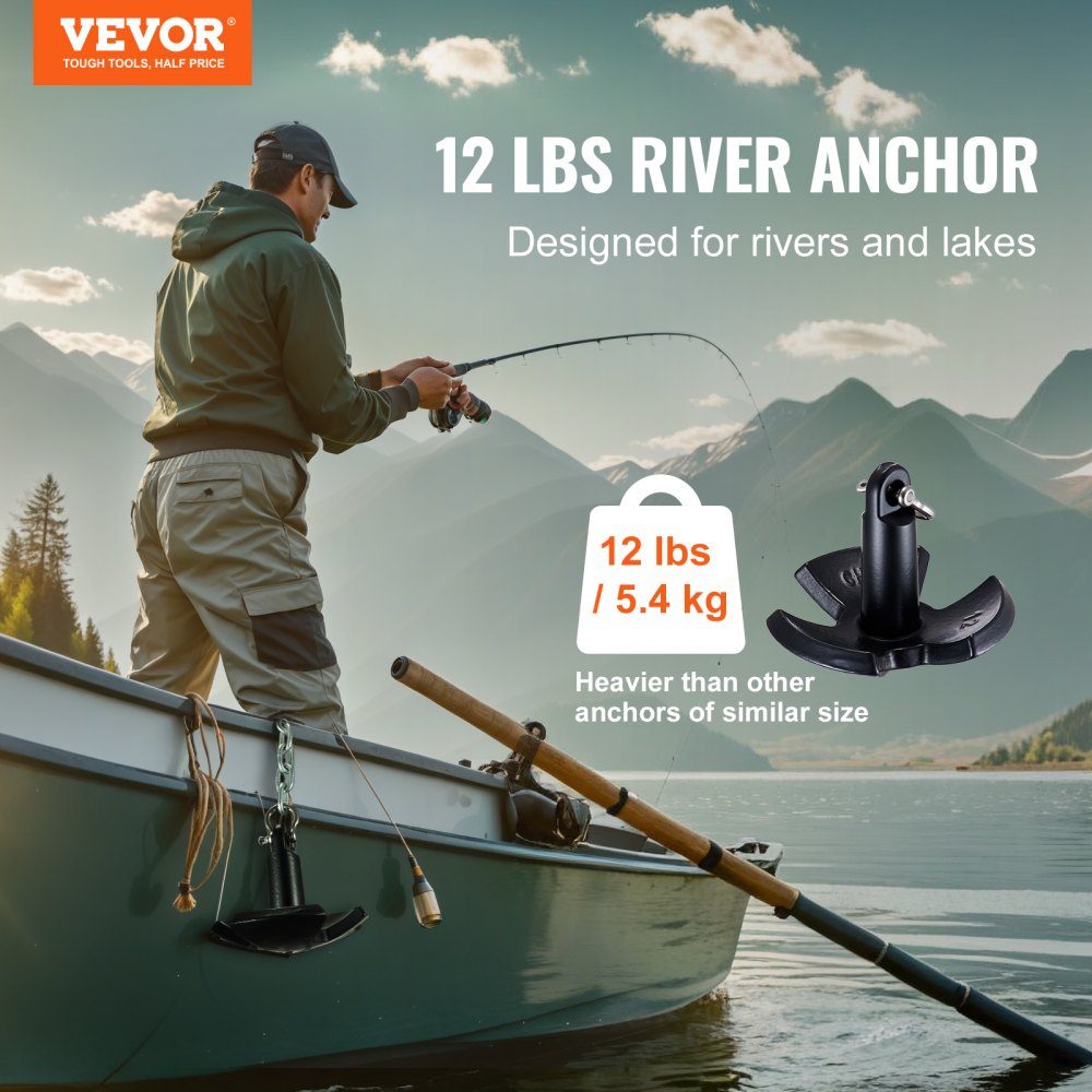 Ancre de rivière, ancre de bateau en fonte avec revêtement en vinyle noir et manille. Ancre champignon de qualité marine de 11 livres pour bateaux jusqu'à 10 pieds. Excellent pouvoir de rétention dans les rivières et les lacs