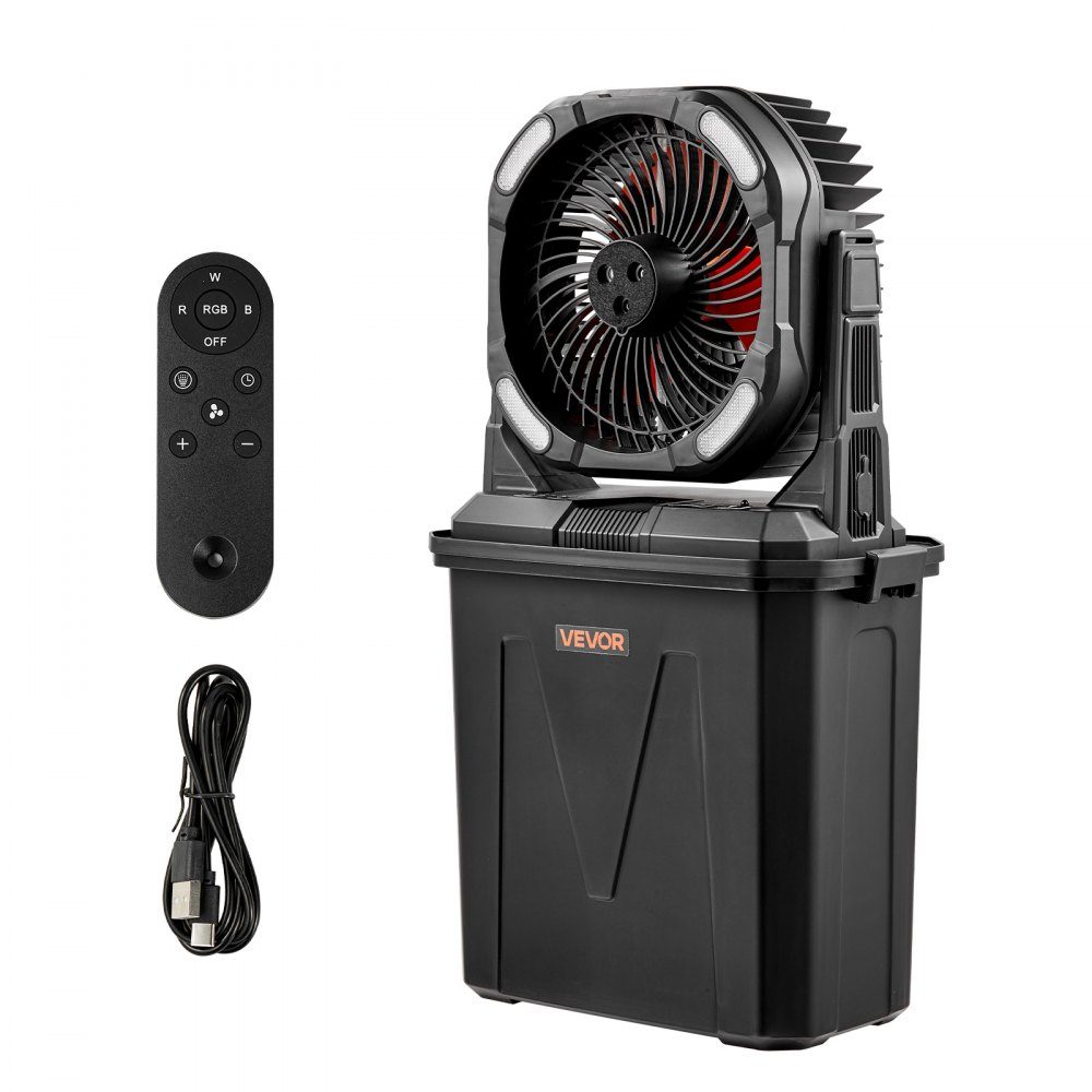 Ventilateur de camping, moteur 2700 tr/min, ventilateur brumisateur avec réservoir d'eau de 9 L, batterie 10 000 mAh, 4 niveaux de vent et 5 modes d'éclairage, ventilateur sur pied portable pour le camping, la pêche et les voyages – Réf. HT-24327