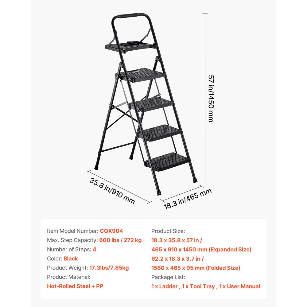 Step Ladder 4 Steps, Folding Ladder with Tool Tray & Comfort Handle, Household Ladder Load Capacity up to 272 kg, Step Ladder, Folding Step, Safety Ladder for Kitchen, Home & Office, Black Step Ladder 4 Steps, Folding Ladder with Tool Tray & Comfort Handle, Household Ladder Load Capacity up to 272 kg, Step Ladder, Folding Step, Safety Ladder for Kitchen, Home & Office, Black