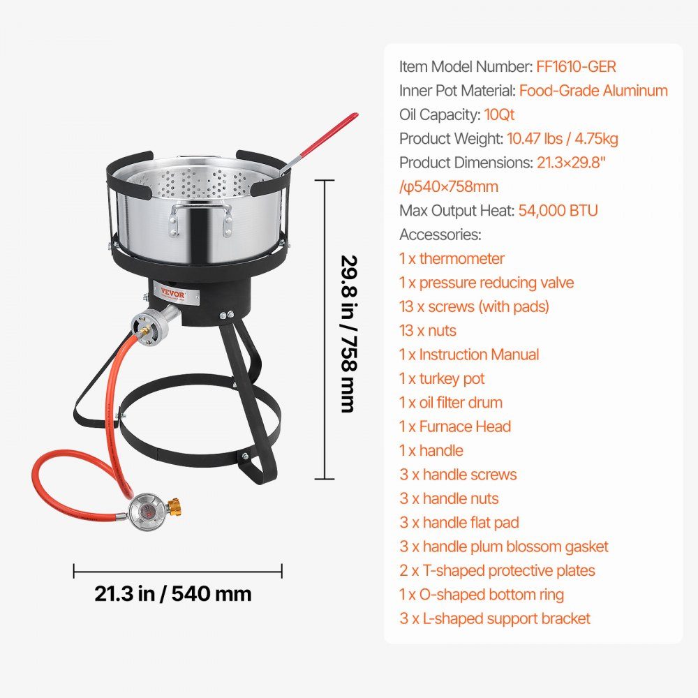 Fischfritteuse, Flügelfritteuse, 9,35 l, Propan-Fischfritteusen-Set, Aluminium-Meeresfrüchtetopf für den Außenbereich, mit Thermometer, Siebkorb und 54.000 BTU-Propanbrennern für das Kochen im Freien