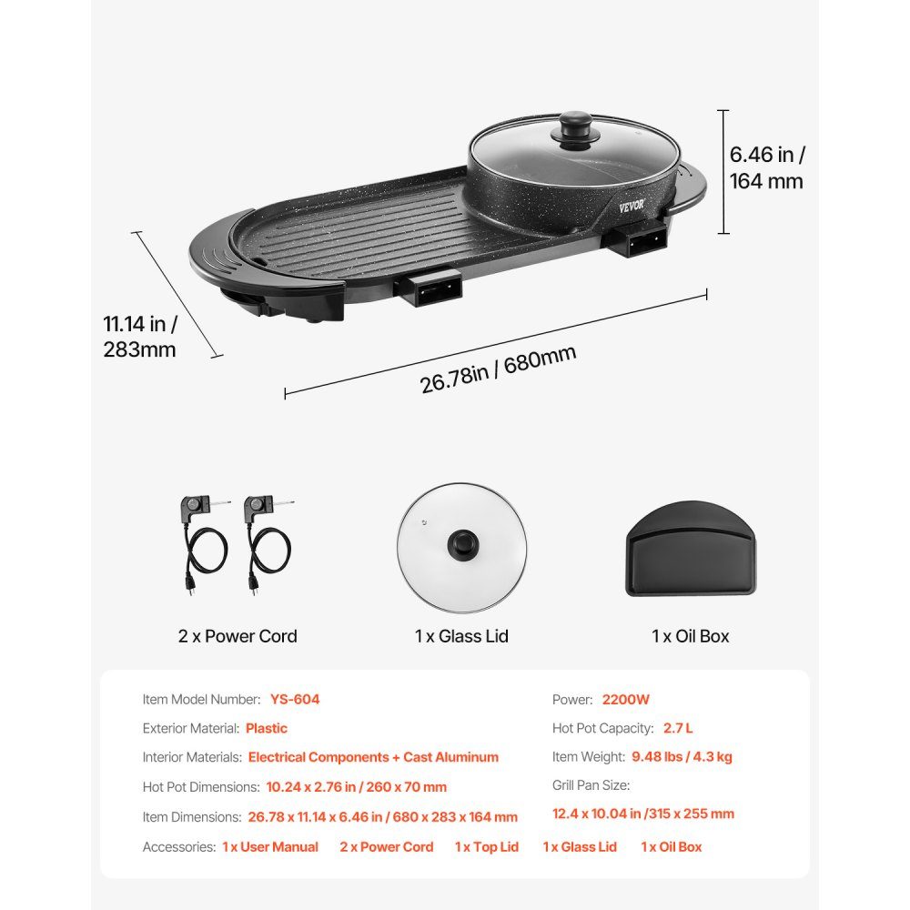 Hot Pot with Grill, 2200W 2-in-1 Electric Smokeless Grill and Hot Pot, Korean BBQ Shabu Dutch Oven with Separate Dual Temperature Control and Non-Stick Pans