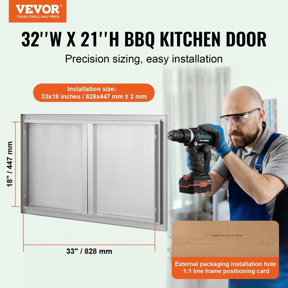 Grilltoegangsdeur 914x534mm Dubbele buitenkeukendeur Inbouw roestvrijstalen deur Verticale muurdeur met intrekbare handgrepen voor grilleiland Grillstation Buitenkast