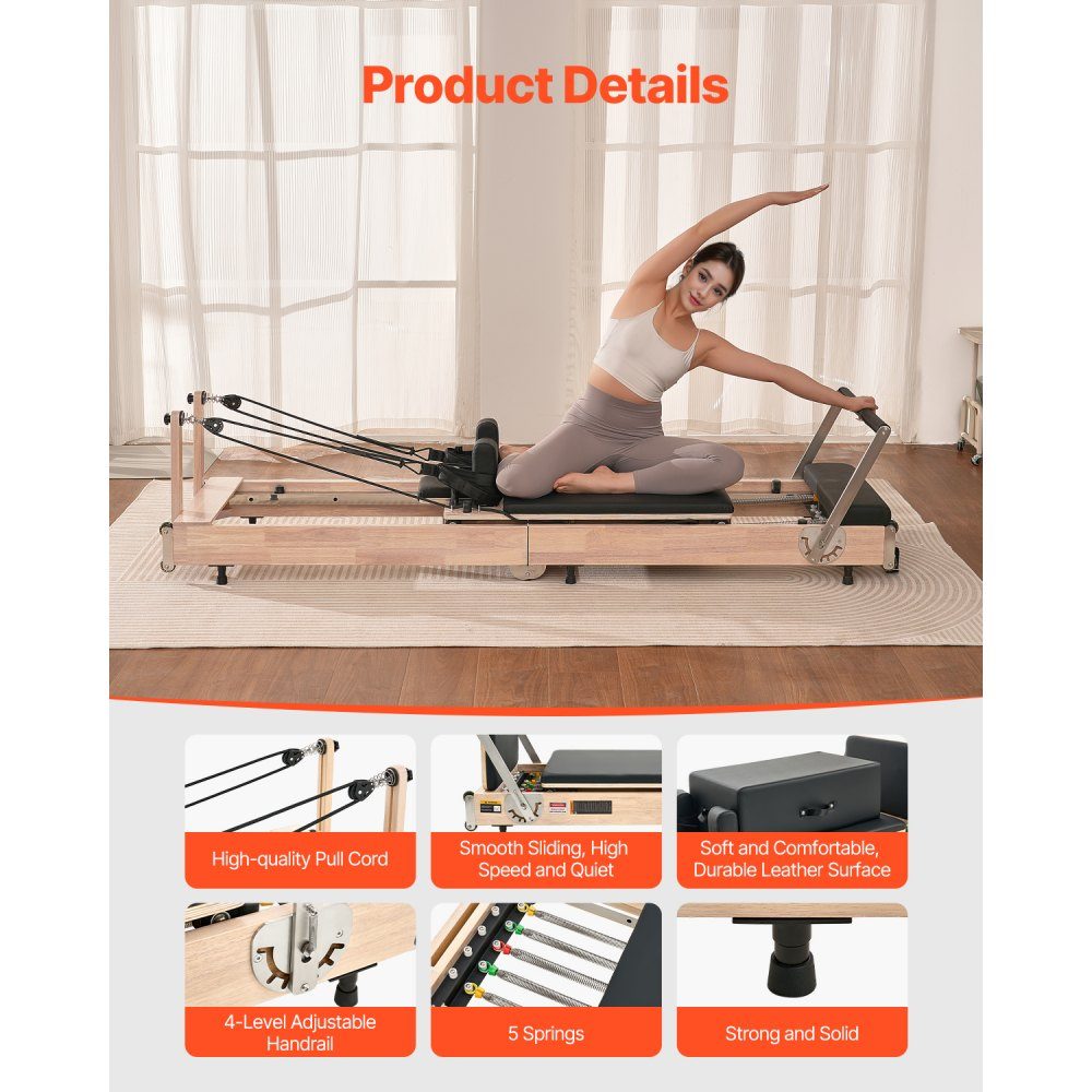 Zusammenklappbares Pilates-Reformer-Trainingsgerät aus Gummibaumholz für das Fitnessstudio zu Hause, Pilatesbett mit zwei Widerständen – Feder und Kordel, Ausrüstung mit Sitzbox, bis zu 400 Pfund