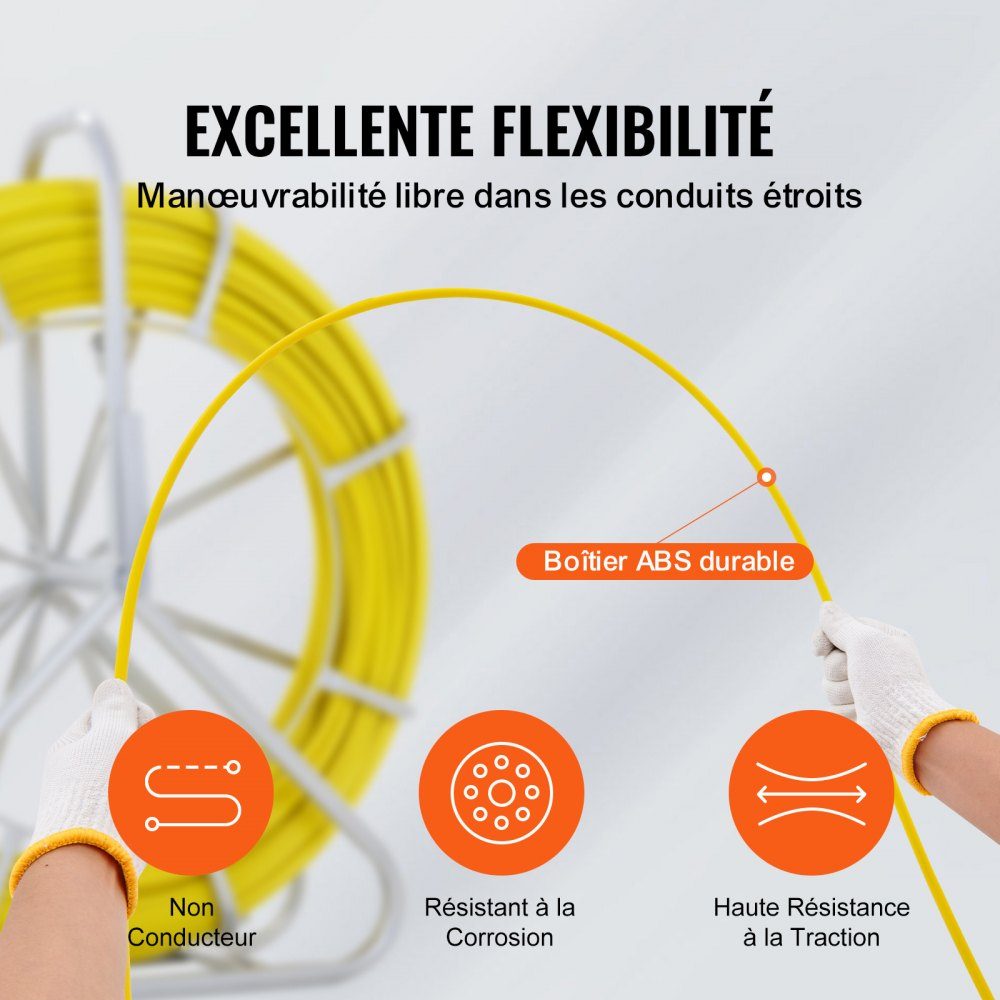 Fiberglass cable wheel Ø6.35 mm x 129.5 m Fiberglass rod incl. steel roller Gloves Brake handle Metal pull heads Fish tape -40℃ to +80℃ Pull-in aid Pull-in tape Pull-in spiral