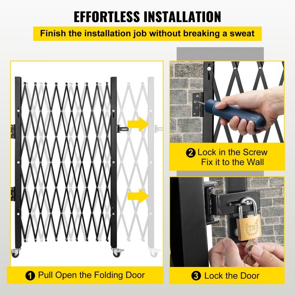 Single security gate, folding door gate, steel accordion security gate, 190×131cm (W×H) expandable security gate, 360° rolling barricade gate, scissor gate or padlocked door