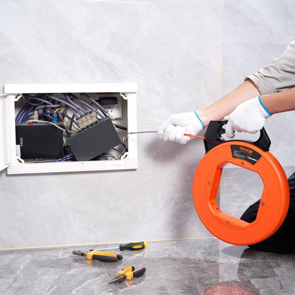 Aide à l'extraction de câbles 38,1 m Spirale d'extraction de haute qualité en PET avec gants en coton et fixation Câble de traction pour conduits vides avec câble incassable [4,5 mm] Ressort d'extraction Aide à l'extraction