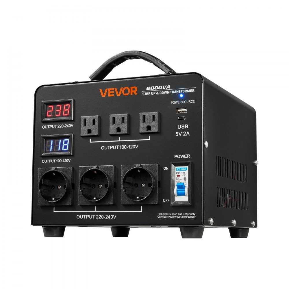 Spannungswandler-Transformator, 6000 VA, Aufwärts-/Abwärtstransformator, 110 V auf 220 V und 220 V auf 110 V, mit 3 US-Buchsen, 3 EU-Buchsen, LCD-Display, Leistungsschalter