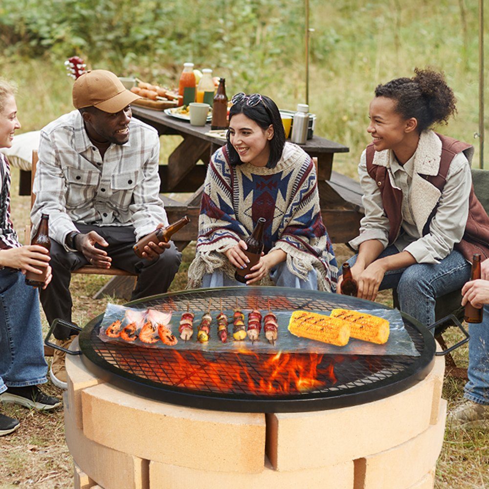X-Marks Grille de barbecue pour foyer, Φ 760 x 25 mm, grille de barbecue en acier avec poignée et support X-Wire, batterie de cuisine de camping portable pour fêtes et rassemblements en plein air, noir