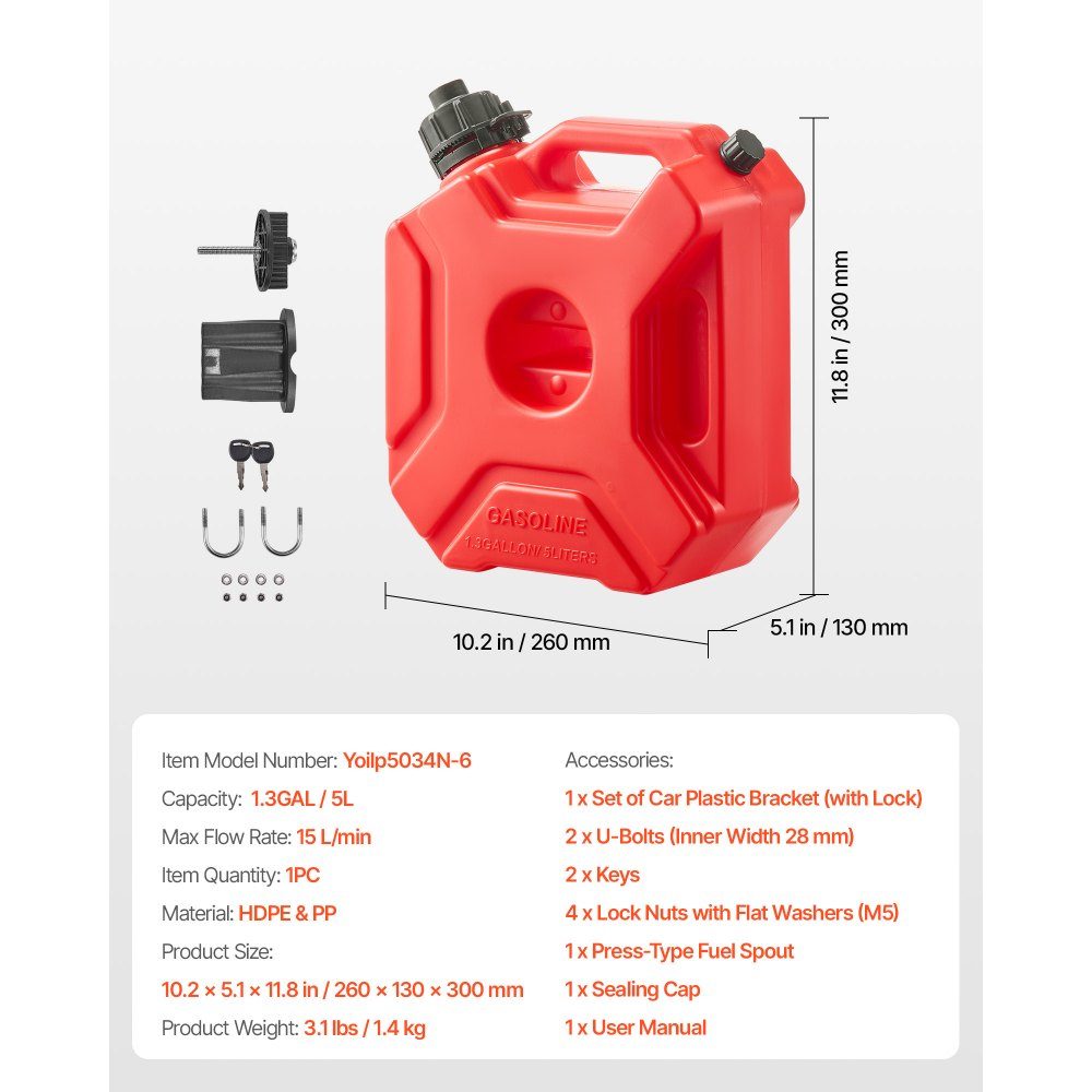 Fuel Can 5L Petrol Can with Spout and Lockable Holder Maximum Flow Rate 15L/min Liquid Container for Most Cars Motorcycles ATVs and UTVs Red