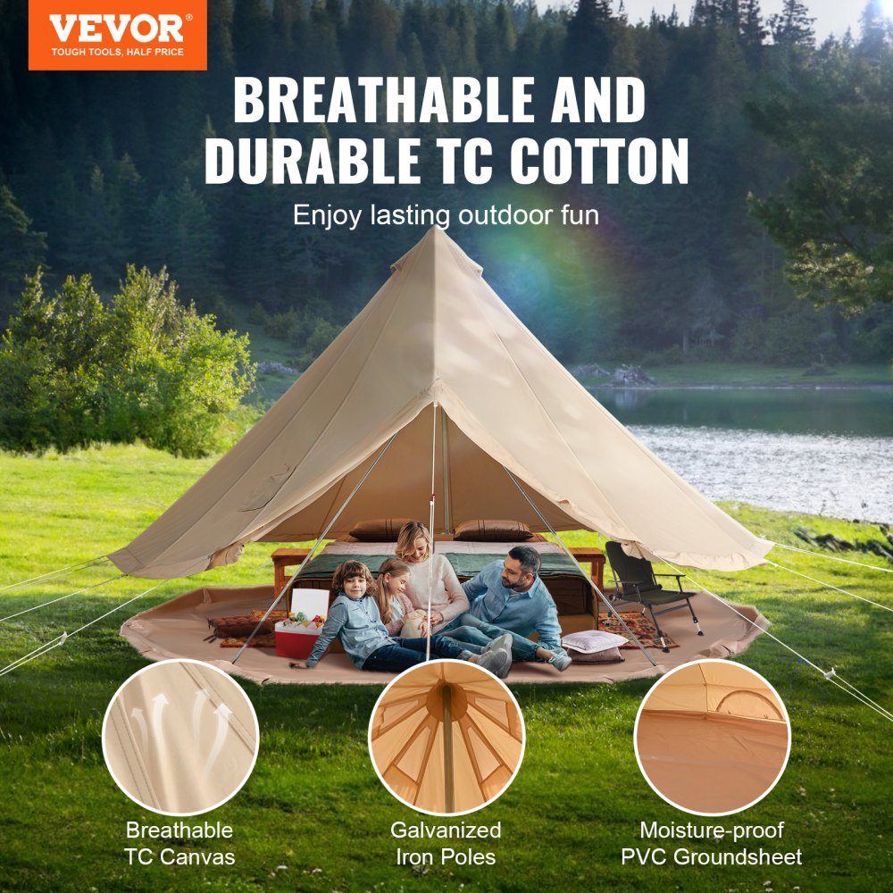 Bell Tent 7x3.5m Yurt Tent TC Cotton and Sturdy Iron Poles with a PVC Groundsheet Camping Tent 12 Person Family Tent 12 Windows Group Tent for Outdoor Adventures