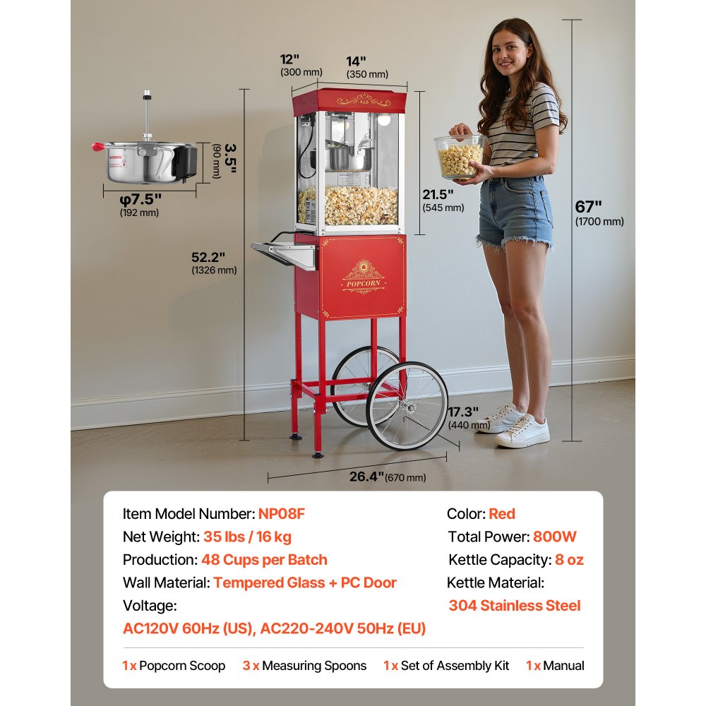 Popcornmachine Popcornmachine met waterkoker en kar, 800 W commerciële popcornmaker, 48 kopjes per lading, met 2-knopsbediening, glazen wand, pc-deur, 1 schep, 3 lepels, rood Popcornmachine Popcornmachine met waterkoker en kar, 800 W commerciële popcornmaker, 48 kopjes per lading, met 2-knopsbediening, glazen wand, pc-deur, 1 schep, 3 lepels, rood