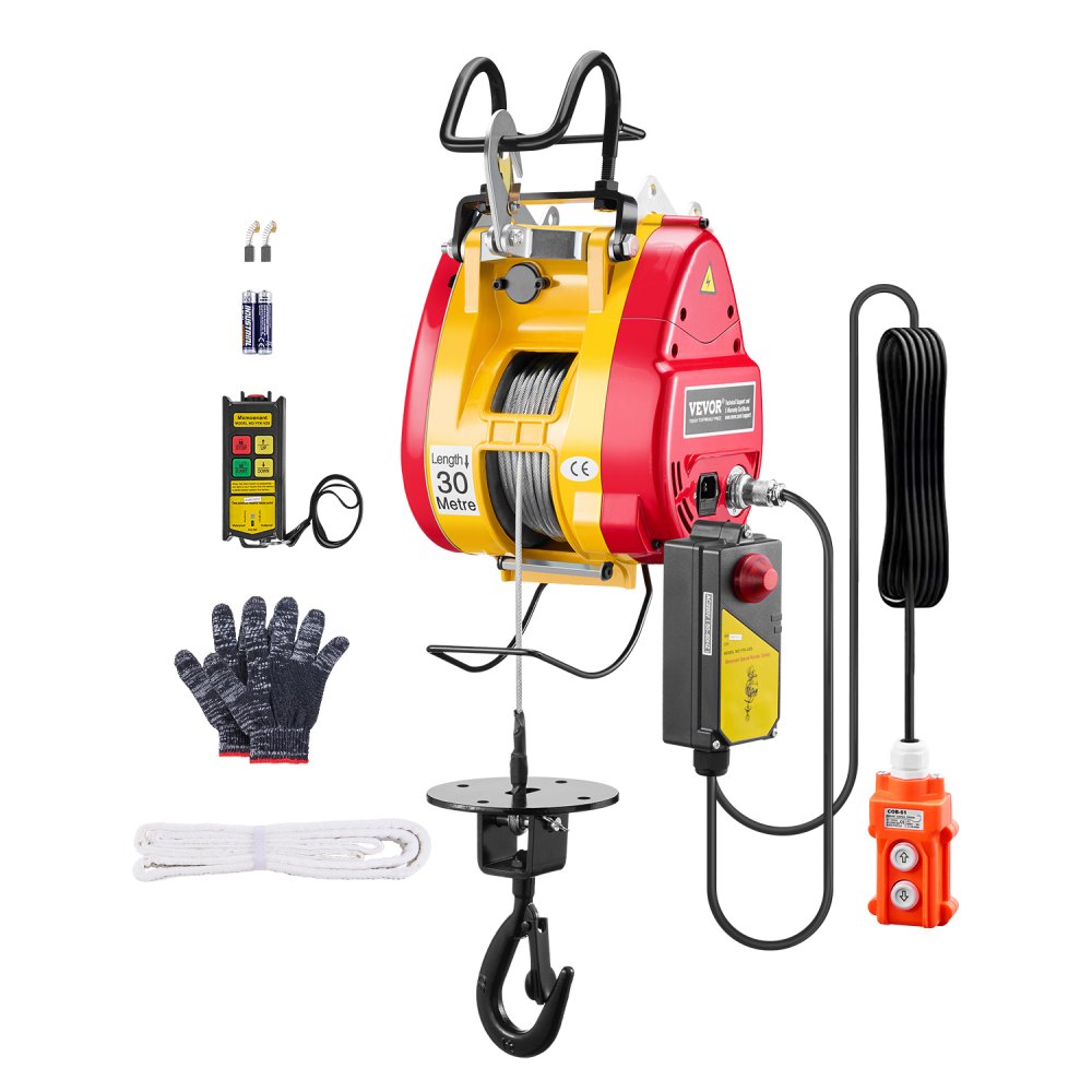 2-in-1 Electric Hoist Winch, 500kg Capacity, 1800W Portable Power Winch, 30m Lifting Height, 11m/min with Cable and Wireless Remote Control, for Garage, Warehouse, Factory, Lifting & Towing Work