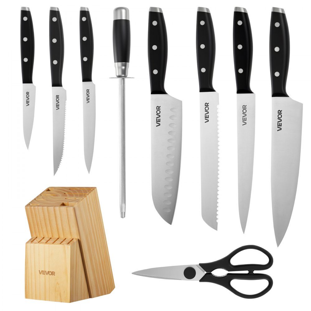 Kitchen knife set with knife block (wood) & sharpening steel, 15 pieces. Knife set, high carbon stainless steel knives, kitchen cutlery with ergonomic handle and kitchen scissors for home cooks