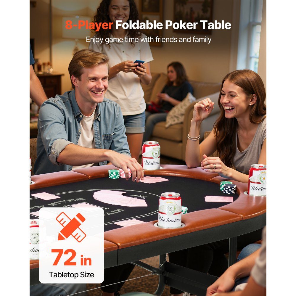Klappbarer Pokertisch für 8 Spieler (72 Zoll), Casino-Freizeittisch mit gepolsterten Schienen und Getränkehaltern, ovale tragbare Spieltische mit Filz- und Metallbeinen, Texas Hold'em Poker