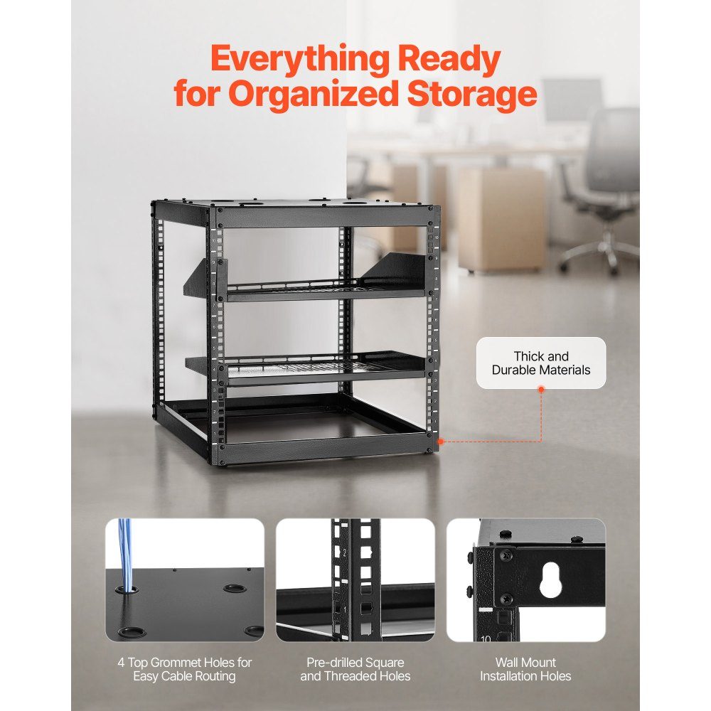 10U open frame network rack, 585mm depth, wall mount or floor standing server rack, 4 post construction, with ventilated shelves and mounting hardware, for all network IT equipment and AV equipment