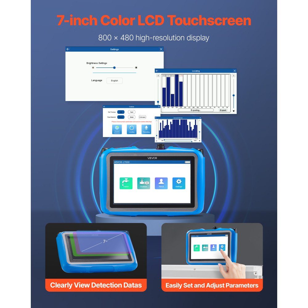 Leidingwaterlekdetector met 4 sensoren, 1 Hz - 10.000 Hz, 7 inch touchscreen, ondergrondse pijpdetector met 3 luisterstaven, hoofdtelefoon, kaart van 8 GB en draagtas
