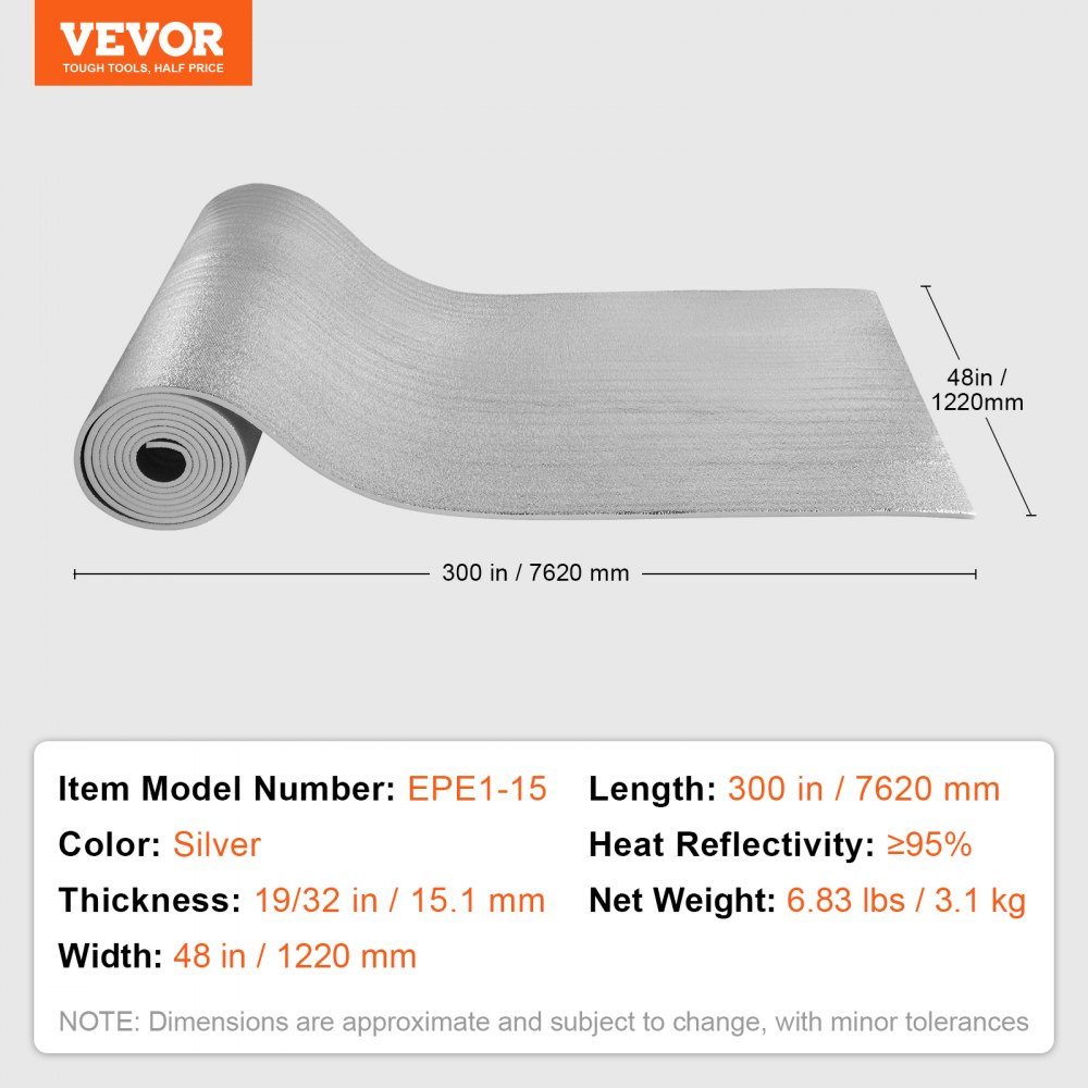 Rouleau d'isolation réfléchissant double, barrière radiante avec noyau en mousse, 15,1 mm, 48" x 25 pieds, panneau réfléchissant la chaleur double face en feuille d'aluminium et mousse EPE, rouleau d'isolation thermique pour fenêtres et toits de camping-c