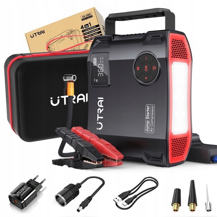 Utrai Gonfleur de pneu de voiture, puissance de crête 2000 A, câble de démarrage portable 24 000 mAh (jusqu'à 8 L d'essence ou 6,5 L de moteur diesel), chargeur de téléphone portable avec double affichage numérique, lampe de poche LED modèle 2024 Utrai Gonfleur de pneu de voiture, puissance de crête 2000 A, câble de démarrage portable 24 000 mAh (jusqu'à 8 L d'essence ou 6,5 L de moteur diesel), chargeur de téléphone portable avec double affichage numérique, lampe de poche LED modèle 2024