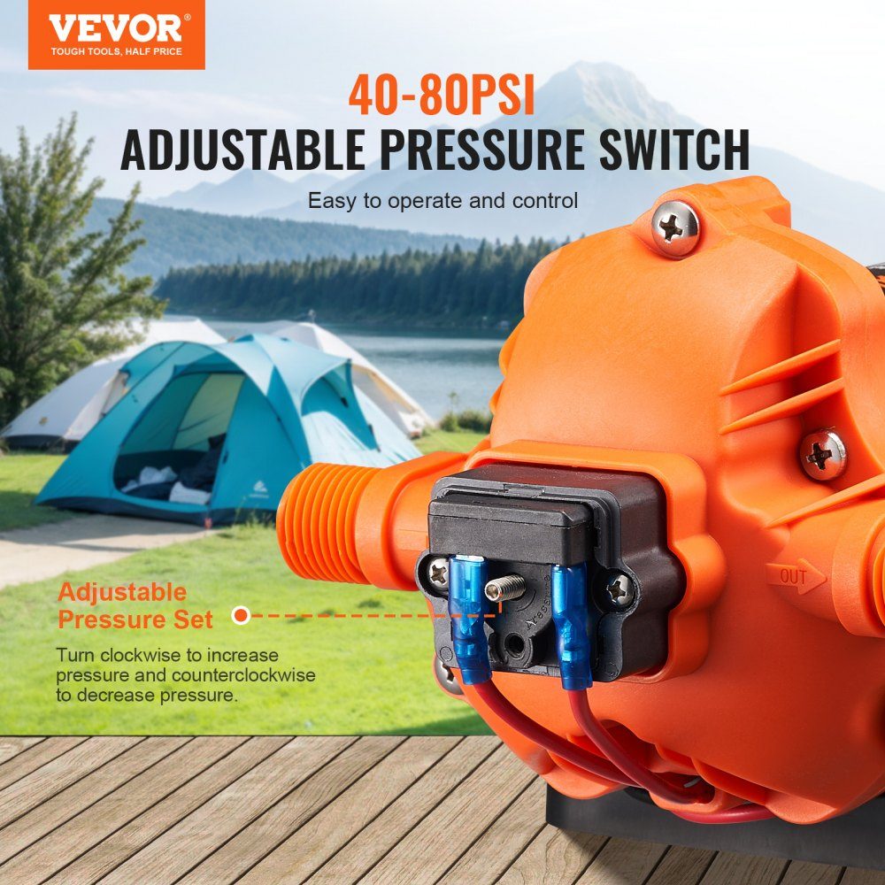 12V Diaphragm Pump 11.36L/min 3 Chamber DC Water Pump with Automatic Pressure Switch 40-100PSI Adjustable 50PSI 1/2" MNPT Connector for RV Yacht Food Truck Camper Marine