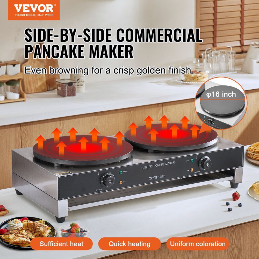 Electric Crepe Maker, Double Head Crepe Machine, 6000W Flat Crepe Grill Plate, Stainless Steel Pancake Oven, Cereal Pancake Oven, Temperature Control (No Plug)