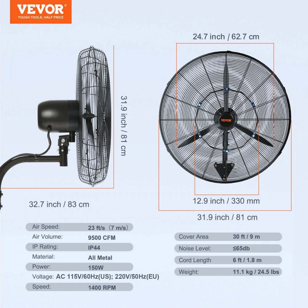 Mist Fan, 29.5 Inch Waterproof Industrial Fan, 3 Speeds, 9500 CFM, Commercial or Residential Fan for Cooling Warehouses, Greenhouses, Workshops