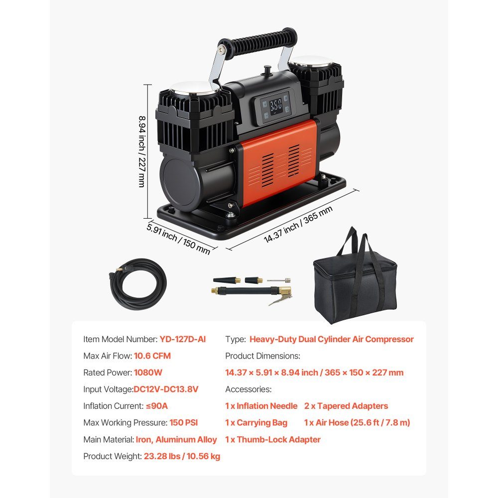 Air Compressor Dual Cylinder 300L/min Auto Shut-off Tire Inflator 12V 10.3bar Off-Road Air Pump with LCD Digital Display and Adapters for Trucks, Cars, SUVs, SUVs and RVs