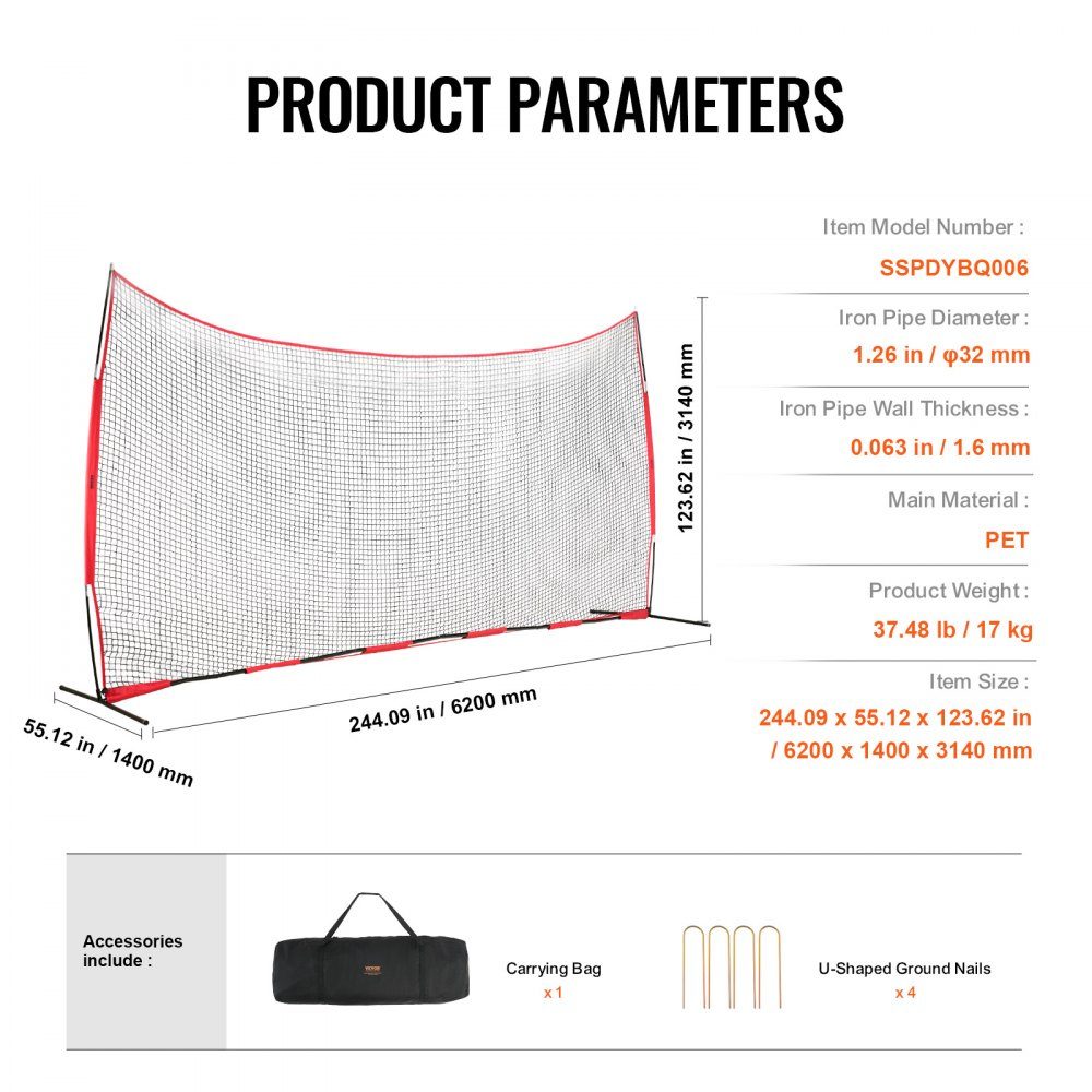 Backstop-Netz, 620 x 140 cm, Ballsport-Absperrnetz, Übungsausrüstung mit Tragetasche, Schutzschirm für Baseball, Softball, Lacrosse, Fußball- und Hockey-Training, Garten