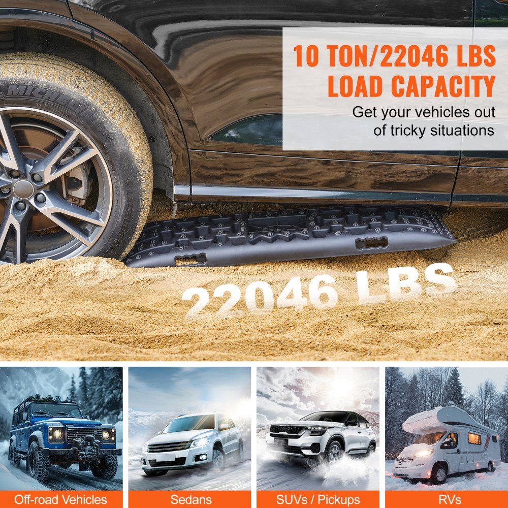 10 TON Traction Boards with PP Material, Recovery Boards for ATVs/Cars/Pickups/SUVs/RVs, Pair of Tire Traction Mats on Snow, Sand, Mud and Loose Ground, Storage Bag, Long, Black