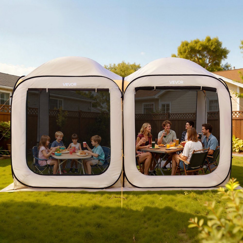 Tente de camping 144" x 72" 2 en 1 Tente de fête portable avec sac de transport, parois latérales en maille et piquets de sol pour jardin, terrasse et activités de plein air, Beige