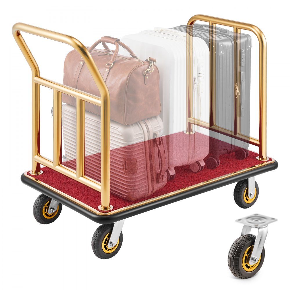 Stainless Steel Hotel Luggage Cart, 800lb Heavy Duty Luggage Cart with 6" Rubber Wheels, Red Carpet Hotel Cart, Commercial Platform Cart for Hotels, Vacation Rentals, Resorts, Gold