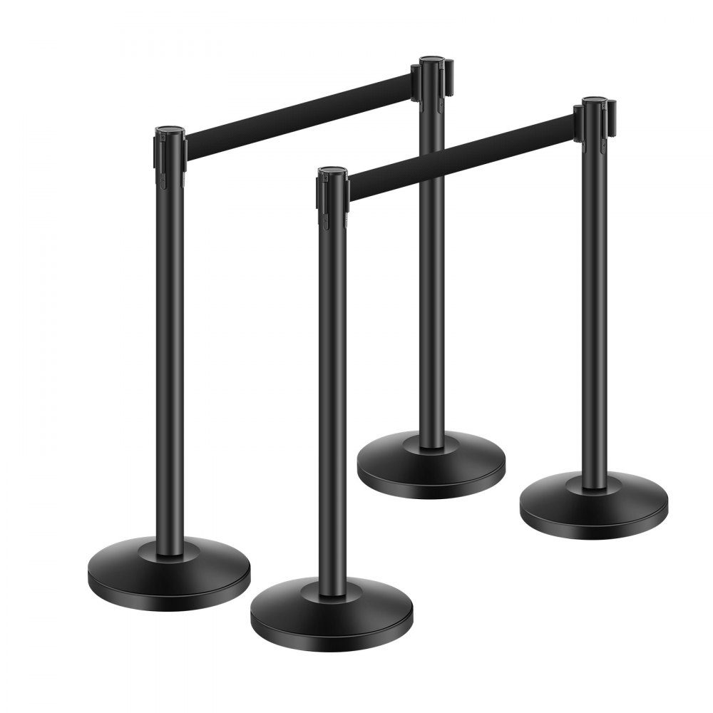 Crowd Control Barrier Posts (Pack of 4) with 4 Retractable Straps, Carbon Steel Barrier Posts with Hollow Base for Weddings, Exhibitions, Black