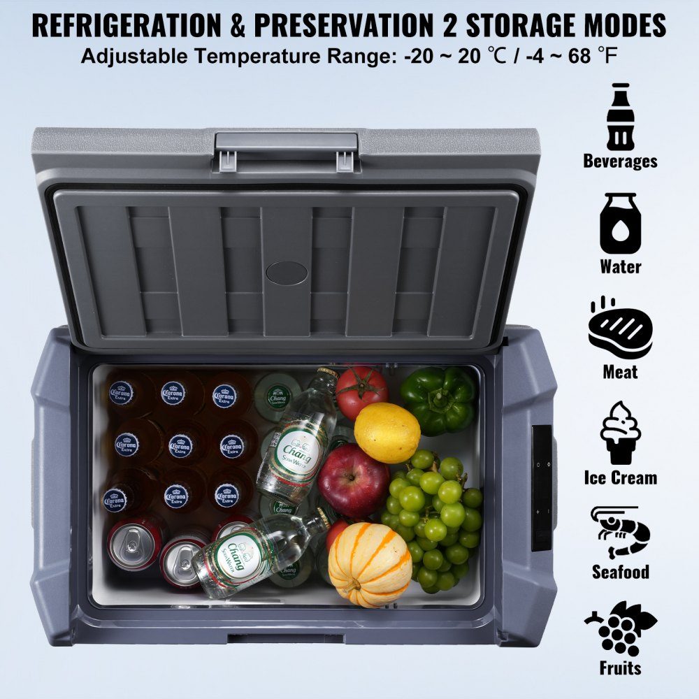 Car Fridge, 12V Car Fridge, Portable 37L Single Zone Freezer with Built-in Lighting, -20°C to 20°C, 12/24V DC and 100-240V AC Compressor Cooler for Outdoor, Camping, RV