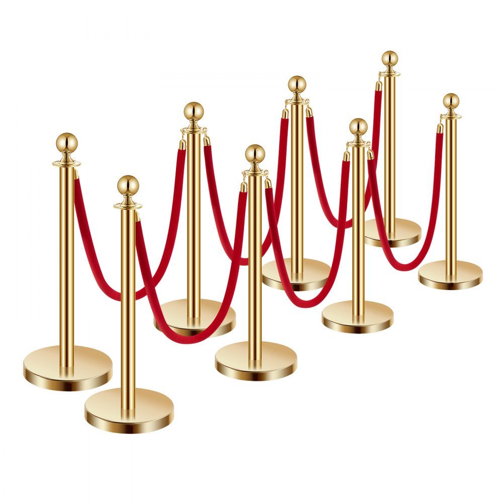 Absperrpfosten Absperrung (8 Stück) zur Massenkontrolle mit 6 roten Samtseilen (1,5 m lang), Absperrständer aus Edelstahl mit nachfüllbarer Basis für Ausstellungen Golden